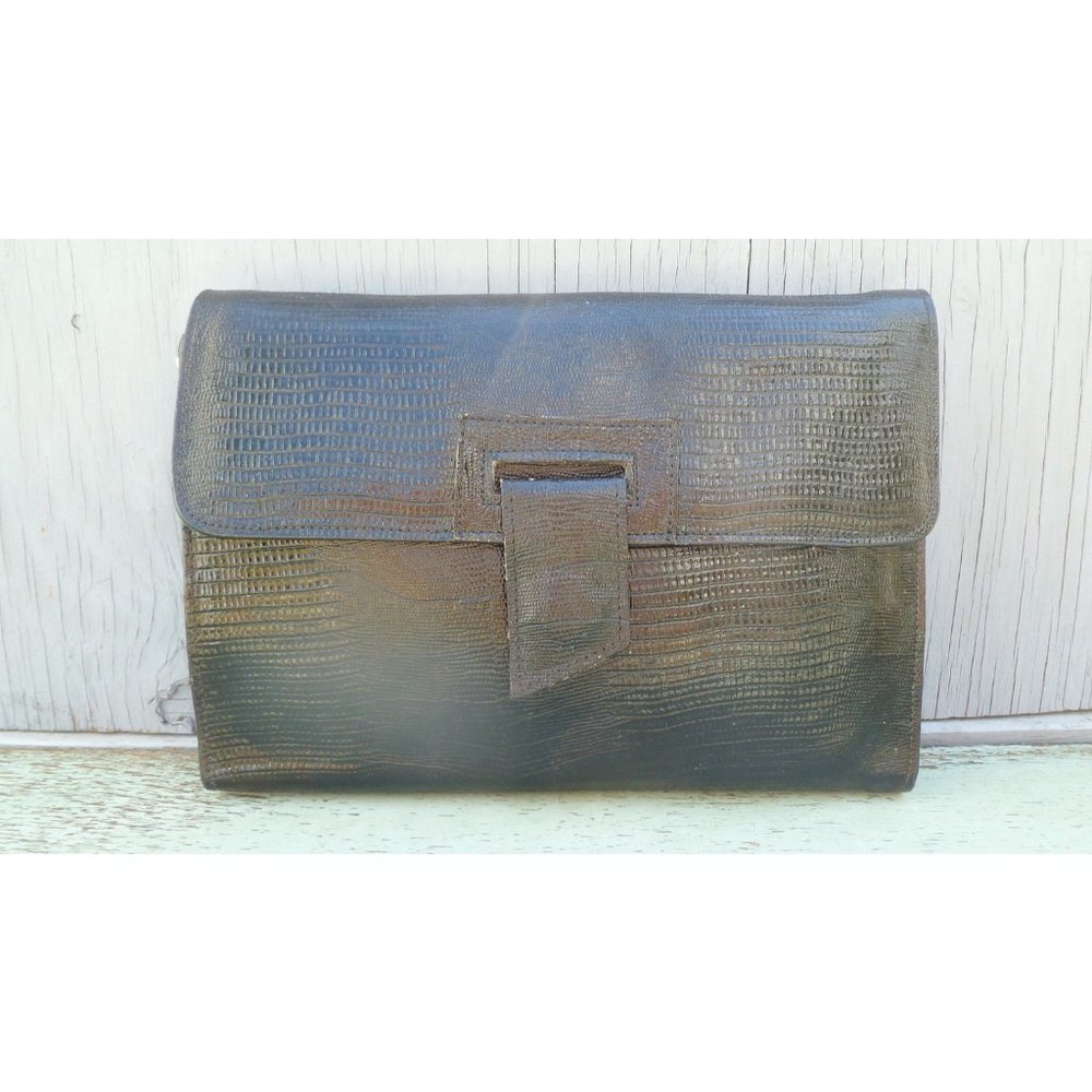 Black faux leather crocodile print vintage envelope purse
